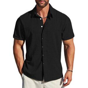 Men's Black Linen Short Sleeve Button Down Casual Shirt Business Dress